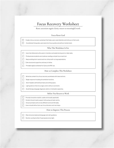 Focus Recovery Worksheet Printable Reset Attention Regain Clarity Productivity Tool Mental Reset Planner - Etsy Canada