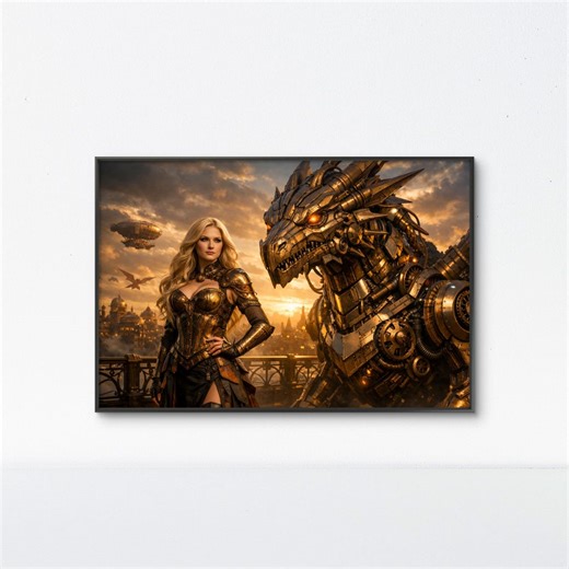 Steampunk Lady Wall Art With Dragon Printable Brown Gothic Decor Victorian Steampunk Lady Dark Academia Digital Download A2 A3 A4 A5 - Etsy