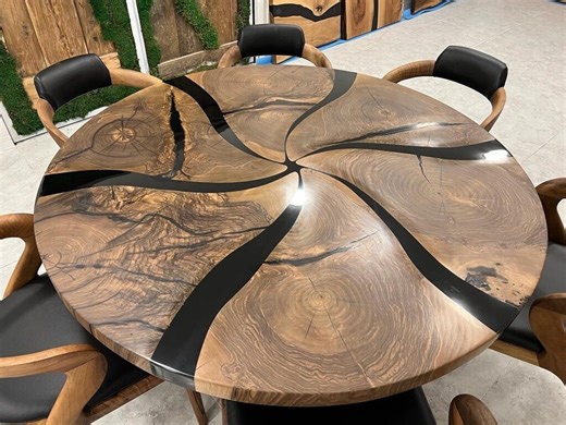 Handmade Dark Walnut Round Dining Table With Black Epoxy - Etsy