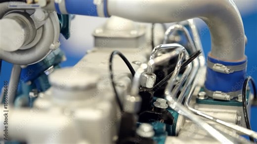 Macro view of an industrial engine assembly with metallic pipes, valves, and fuel lines, highlighting precision components, fittings, and complex tubing against a blue background