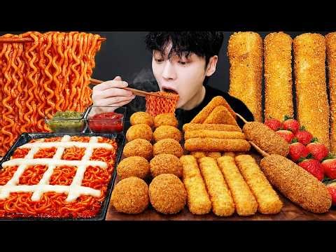 ASMR MUKBANG CHEETOS RICE CAKE, Cheese Fire Noodles, Hash Brown, Corn Dog, recipe ! eating