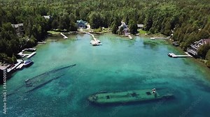Aerial View of Sweeptakes Shipwreck in Lagoon of Lake Huron, Tobermory, Canada, Underwater Ship Wreckage and Scenic Coast of Bruce Peninsula