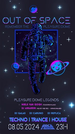 #PleasureDome - OUT OF SPACE! 🚀 Tauche ein in eine galaktische Nacht voller pulsierender Beats und interstellarer Klänge! Es erwartet dich eine unvergessliche Reise durch die Weiten des Techno-Universums. Mit unseren renommierten DJs an den Decks wird die Tanzfläche zum Orbit, auf dem du die Schwerelosigkeit der Musik erlebst. 🪐🎶 Von frühen Klängen des 90er-Technos bis zu den neuesten Tracks wird jeder Beat dich in eine andere Dimension transportieren. 🛸☄️ Schließe dich uns an und lass uns g