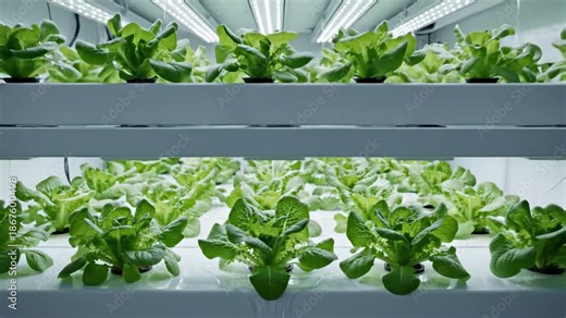 Hydroponic lettuce growing on several tiers in a vertical farm. Automated gardening for sustainable agriculture concept.