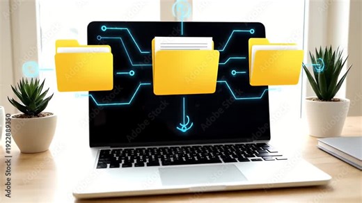 Digital data organization and transfer concept with a laptop and folders in a modern office environment