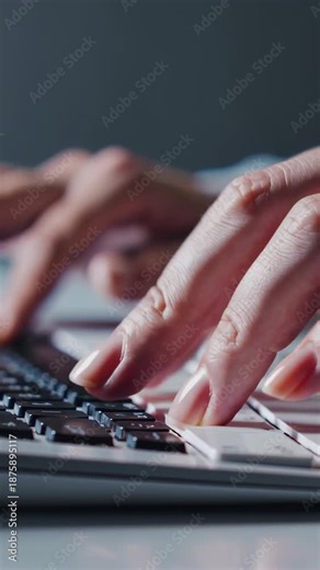 Rapid keystrokes performed on office desk, Hands swiftly entering data on computer in professional setting, Person actively typing on keyboard with monitors and documents visible in background