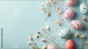 Animated easter eggs on a sky blue background 4K. Colorful Easter egg background with special space for text. Easter eggs with floral decoration.