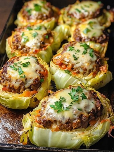 Oven Baked Cabbage Burgers Ingredients: 1 medium head of cabbage, cut into thick slices or “rounds” 1 lb ground beef (or a mix of beef and pork) 1 small onion, finely chopped 2 cloves garlic, minced 1 tsp paprika 1 tsp salt ½ tsp black pepper 1 tsp onion powder 1 tsp garlic powder 1 egg (optional, for binding) 1 cup shredded cheese (cheddar or mozzarella) 2 tbsp olive oil or melted butter Instructions: Preheat oven to 400°F (200°C) and line a baking sheet with parchment paper. In a bowl, mix the