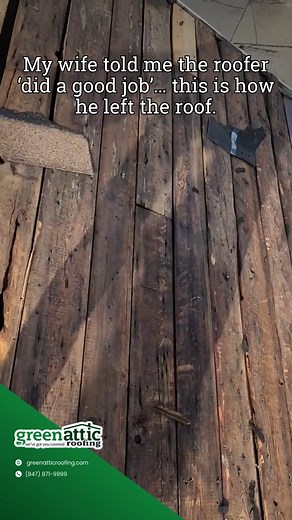 “My wife told me the roofer ‘did a good job’… this is the roof.” Rotten decking. A full hole straight through. Shingles installed right over damaged wood, no repairs, no prep, no protection. From the ground it looked “fine”… but this is how leaks, mold, and major structural damage start. That’s why homeowners trust Green Attic Roofing. We don’t cover up problems, we fix them the right way: ✔ Full tear-off (not just a cosmetic layer) ✔ Replace every rotten or soft board ✔ Proper underlayment Bad 