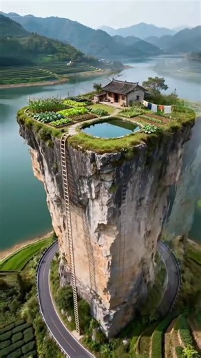 Hidden survival shelter built on top of the mountain