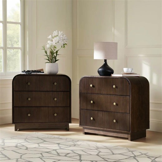 Hokku Designs Melisa Modern 28”W 3-Drawer Fluted Curved End Table Simple Assemblly with Charging