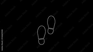 Two walking footprints on a black background movement, direction, or progress journey and Feet loader stepping forward. navigation, travel. toes finger print, trace. tracking path