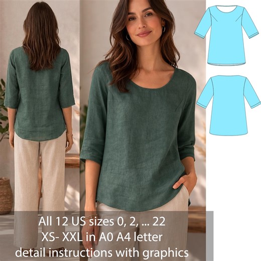 Linen Tunic Blouse Sewing Pattern Women's Minimalist Scoop Neck Top Digital PDF Pattern Sizes 0-22 A0, A4, US Letter | Easy Beginner Project - Etsy Australia