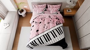 Manfei 7 Pieces Musical Notes Comforter Set Queen Size, Black White Piano Key Bedding Set, Music Theme Pink Glitter Print Bed in Bag with Comforter, Sheets and Pillowcases, Kids Girls Room Decor