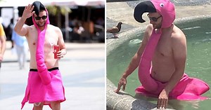VIDEO Zagrebački Flamingo: U odijelu plamenca šetao centrom pa se brčkao u Manduševcu