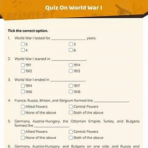 World War 1 Worksheets: Quiz On World War I