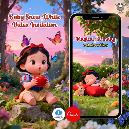 Little Baby Snow White Birthday Video Invitation Animated Digital Canva Template, Instant Download - Etsy