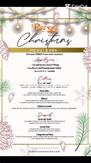 Mr. Rango Cookhouse Ltd on Instagram: "✨ Celebrate the Season at Mr. Rango Cookhouse! ✨ All December long, indulge in the flavors of Christmas with our exclusive Holiday Menu and festive signature drinks — crafted to warm your spirit and delight your taste buds. 🎄 Christmas Menu — $395 + tax Choose ONE (1) from each section ⭐ Appetizers • Sweet & Savory Sorrel Wings • Cranberry & Pomegranate Salad • Roasted Ham Crostini ⭐ Entrées • Rack of Lamb — rosemary-ginger crust, pesto wedges, broccoli & 