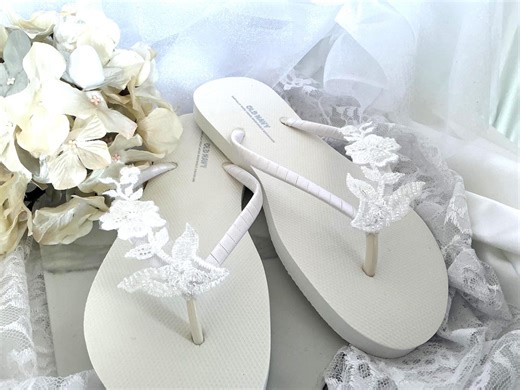 White Bridal Flip Flops, Beaded Lace Flower Sandals, Wedding Day Shoes, Bride Gift, - Etsy