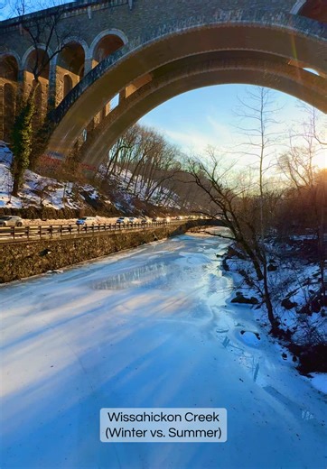 The Wissahickon Creek seen in the icy Winter vs the baking, hot Summer. The Wissahickon Valley Park located in Philly is a pretty magical place. #fyp #winter #summer