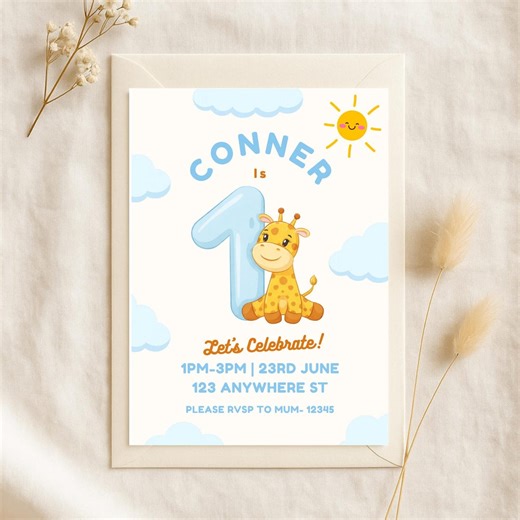 Giraffe 1st Birthday Invitation Template Editable Canva Invite - Etsy