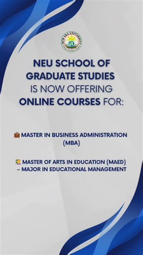79K views · 493 reactions | Enroll in NEU’s ONLINE Graduate Programs — MBA & MAED  Enrollment starts June 9, 2025 ✅ Apply now! Email: graduatestudies@neu.edu.ph | New Era University | Facebook