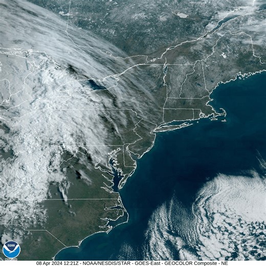 [4/8/24] Here is the current satellite. The concern is the thicker clouds over the Buffalo area that block most of the sun. The thinner clouds over the western Adirondacks still let some of the sun through. The thinking is the thicker clouds will make it to the Adirondacks by eclipse time | US National Weather Service Burlington VT