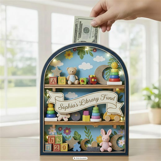 Personalized Library Fund Box, Wooden Bookshelf Piggy Bank - Etsy