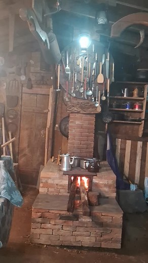 Rustic Indoor Kitchen with Wood-Burning Stove
