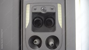 Overhead console of conditioner in a airplane. Signs in the plane. Symbol sign that be lighting for security on every flight trip