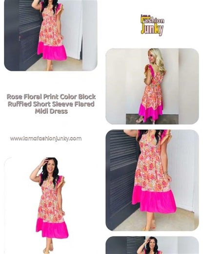 Rose Floral Print Color Block Ruffled Short Sleeve Flared Midi Dress