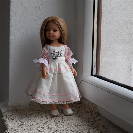 Doll dress for Paola Reina, Effner Little Darling, Ruby Red and similar. Unique clothes for dolls 13-14 inch. Natural linen, embroidery - Etsy.de