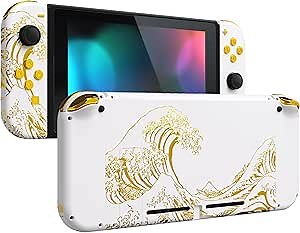 eXtremeRate DIY Replacement Shell Buttons for Nintendo Switch, Back Plate for Switch Console, Housing with Full Set Buttons for Joycon Handheld Controller - The Great Golden Wave Off Kanagawa - White