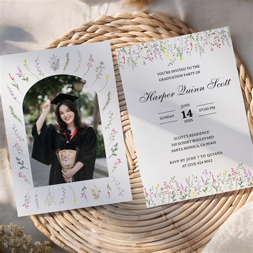 Colorful Floral Graduation Party Invitations With Photo, Wildflower Graduation Announcement, Grad Photo Invite Card - Etsy