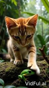 The cat plays with the frog in the tropical forest / sora