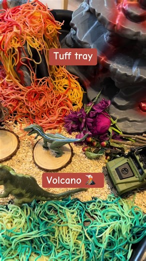 Volcano tuff tray 🌋 🌋 wow we had a lot of fun with this. I thought I’d film the set up taking inspiration from @TheRedbrickDayNursery . And did you see the little surprise at the end? More on that tomorrow 💥 tuff tray, science experiment, volcanoes and dinosaurs - what’s not to like?! #volcano #tufftray #messyplay #activitiesforkids #mumsoftiktok
