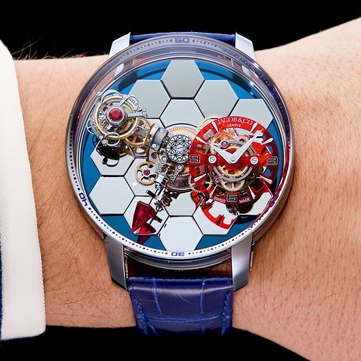 JACOB & CO. on Instagram: "The Astronomia Revolution captures the universe’s energy, completing a full rotation in just one minute. The ruby arrow seconds hand and radiant honeycomb dial redefine celestial elegance. Witness the cosmos come alive on your wrist. 47-mm white gold case Full movement rotation in 60 seconds Double-axis flying tourbillon Mirror-polished white gold hexagons dial #JacobAndCo #Inspiredbytheimpossible"