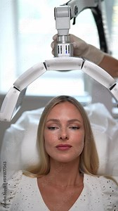 Vertical portrait of beautiful woman with blond hair having LED light hair PDT treatment at modern medical clinic. Cosmetician specialist adjusting innovation device for photodynamic therapy procedure