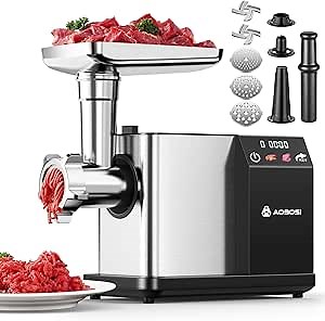 AAOBOSI Meat Grinder Electric 3000W Max with Touch Color Screen, Auto-Reverse & Built-in Storage - 3 Speed Settings,Grinding, Sausage & Kibbe Making for Home Use, Stainless Steel
