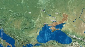 A map of Europe shows Ukraine and its neighboring countries. The city of Odesa blinking on the map as a point of interest. The occupied territories of Crimea and Donbas are highlighted with red color. Stock Video