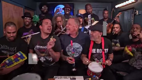 Metallica joins Jimmy and The Roots in the Tonight Show Music Room to perform "Enter Sandman" with classroom instruments. | The Tonight Show Starring Jimmy Fallon