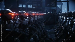 walking military robots. invasion of military robots. Dramatic apocalypse super realistic concept. Future. 4k animation.