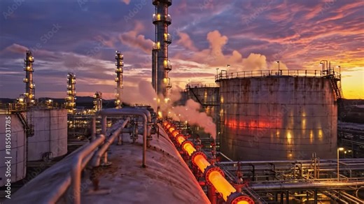 Refinery pipeline at sunset with glowing hot gas line, industrial storage tank and tall distillation tower, steam rising from heated pipeline creating dramatic warm light and intense atmospheric scene