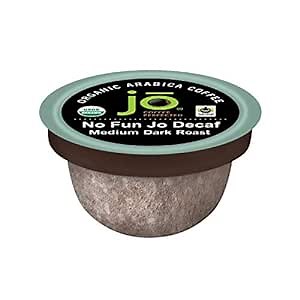 No Fun Jo Decaf: 12 Organic Compostable Pods for Keurig K-Cup Compatible Brewers, Swiss Water Process Eco-Friendly Single Serve Coffee Medium/Dark Roast Fair Trade, Chemical Free by Jo Coffee®