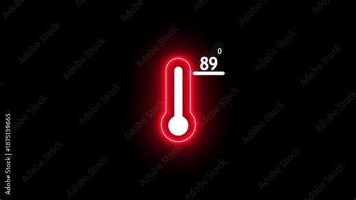 Neon Medical thermometer icon animation. Thats indicates weather temperature 89 degree increse or decline. Thermometer equipment showing hot or cold weather. Alpha channel