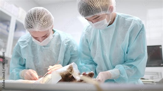 Veterinarians operating on a small dog in an operating room at a veterinary clinic. Veterinarians during treatment for an injury or surgery. Anesthesia and pain relief for animals