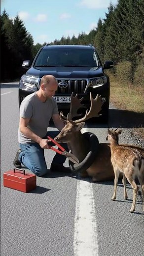 Act of Kindness — Man Rescues a Deer Mother with antlers trapped in tire
