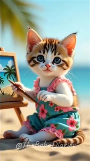 Cat Artist Creates Ocean View Painting