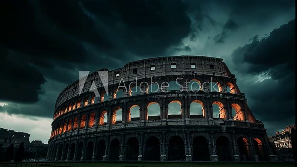 Video animation of iconic Colosseum in Rome under a dramatic, cloud filled night sky, illuminated by artificial lights that highlight its ancient architecture.