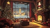 A traditional Christmas scene with snow falling softly outside the...